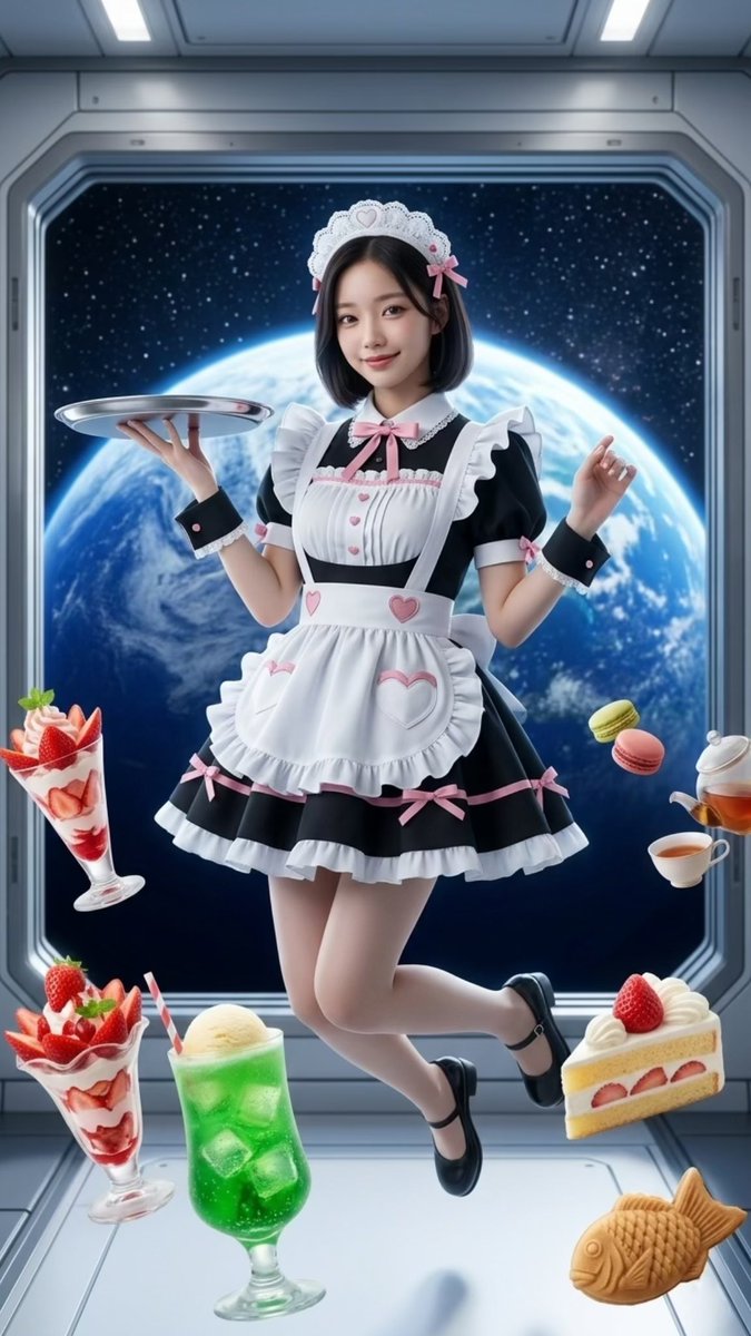 Vertical 916 Photorealistic Fantasy Portrait of a Cheerful Japanese Maid Waitress Floating Weightlessly Inside