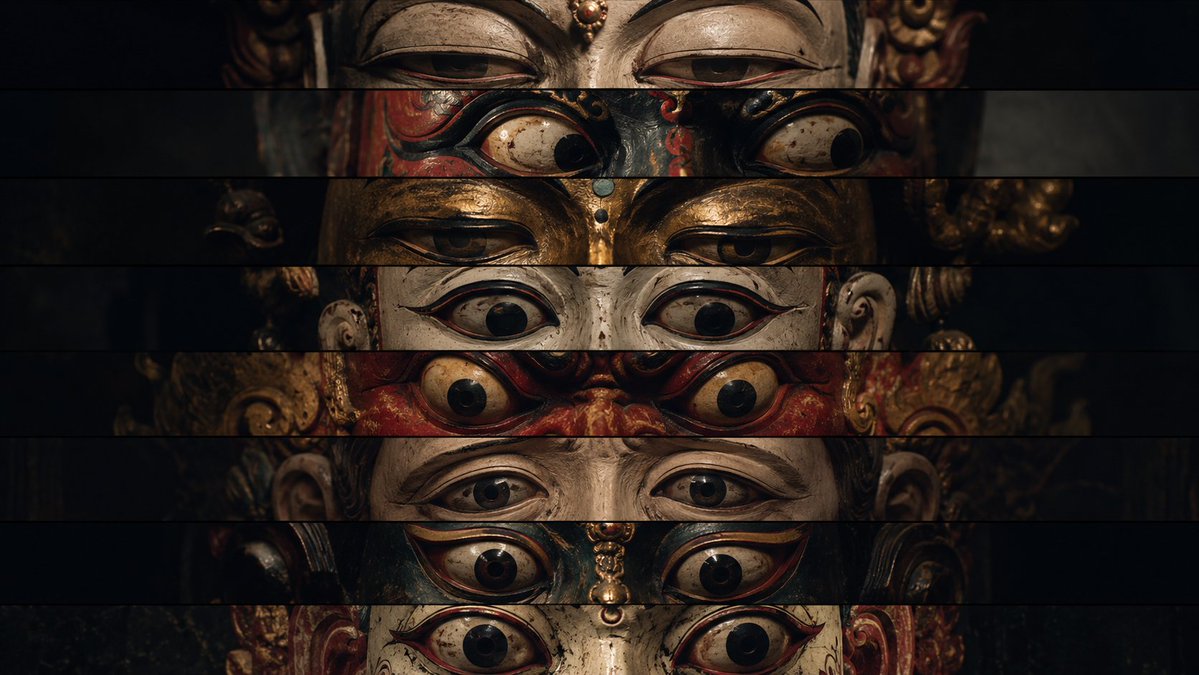 Core Concept a Surreal Cinematic Collage of Multiple Traditional Theatrical Mask Faces