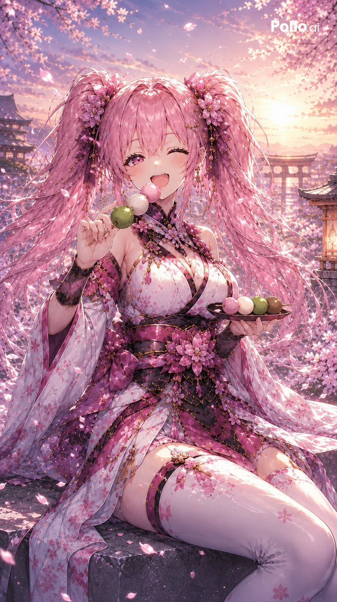 Vertical Anime Illustration of a Cheerful Kunoichi-inspired Girl Named Sakura Kunoichi Sitting on a Stone