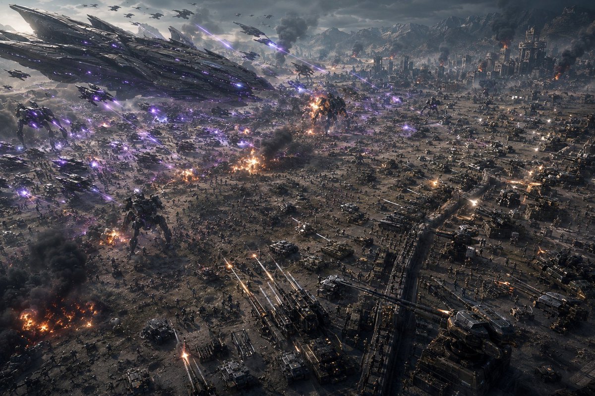 Ultra-wide Cinematic Science-fiction War Panorama from a High Aerial Reconnaissance Drone or Fpv Camera Viewpoint