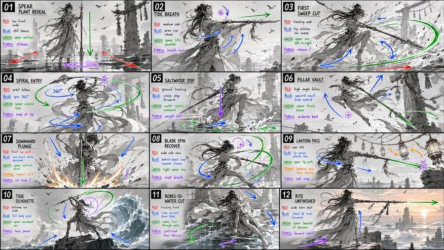 Goal Create a Monochrome Anime Action Storyboard Sheet for an Animation Fight Sequence