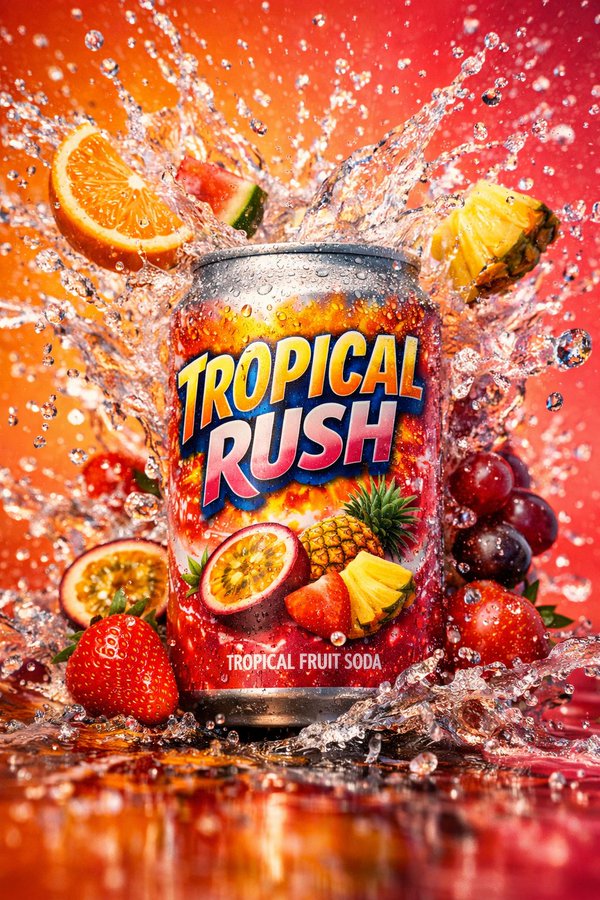 Three Ultra-dynamic Soda Cans in One Vibrant High-end Advertising Composition — a Can of Tropical