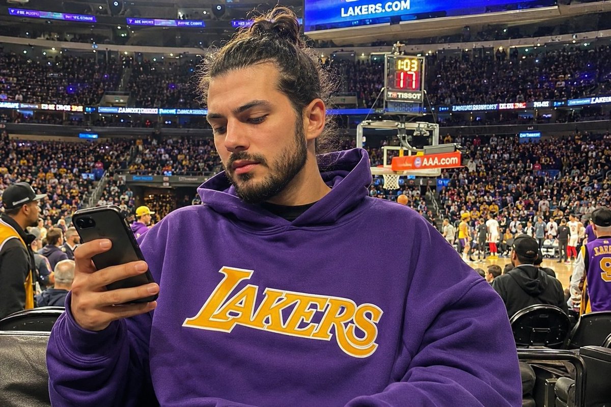 Courtside Smartphone-style Photo of a Young Adult Lakers Fan with Dark Hair Tied
