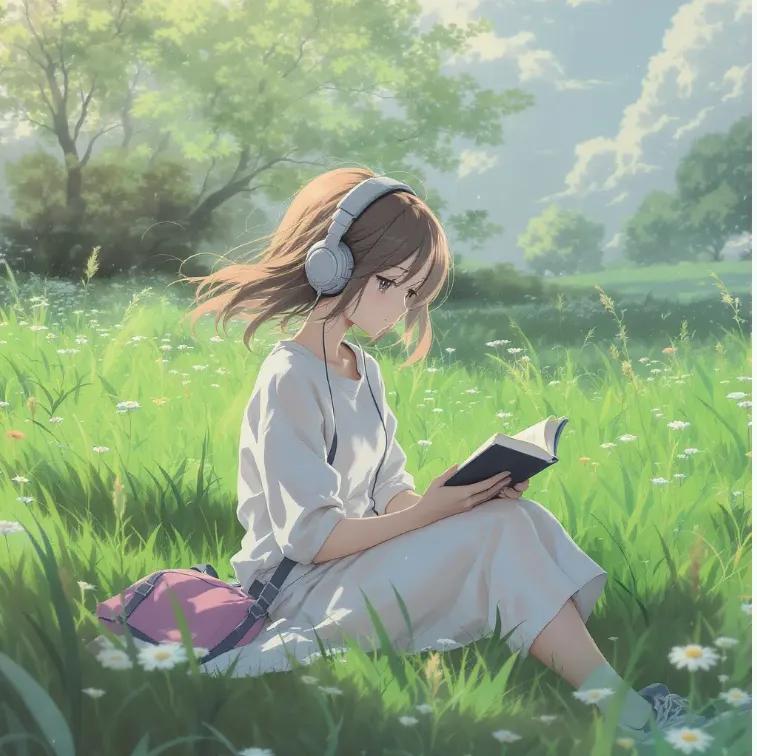 봄꽃 초원 소녀 일러스트