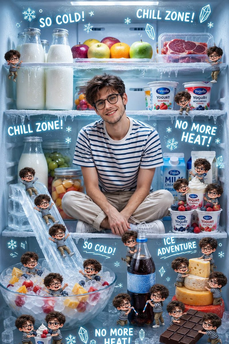 Whimsical Fantasy Scene Inside an Open Refrigerator Transformed into a Playful Frozen Wonderland