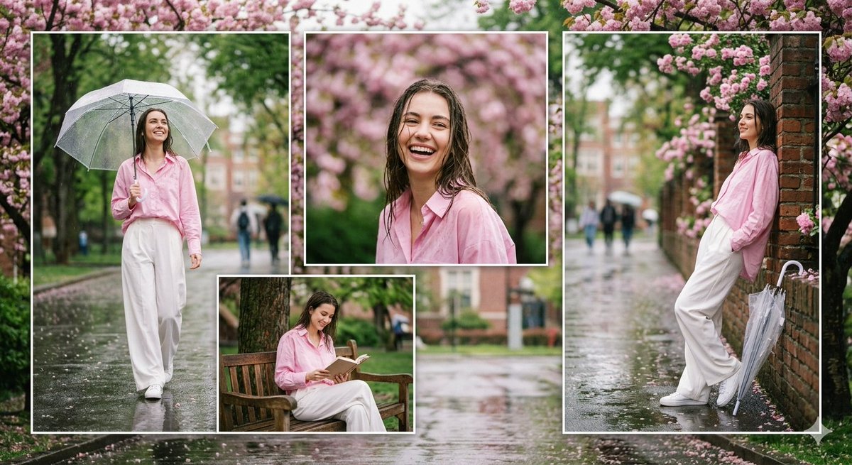 Rainy Season College Portrait Collage of a Stylish Young Woman Wearing an Oversized Pastel Pink