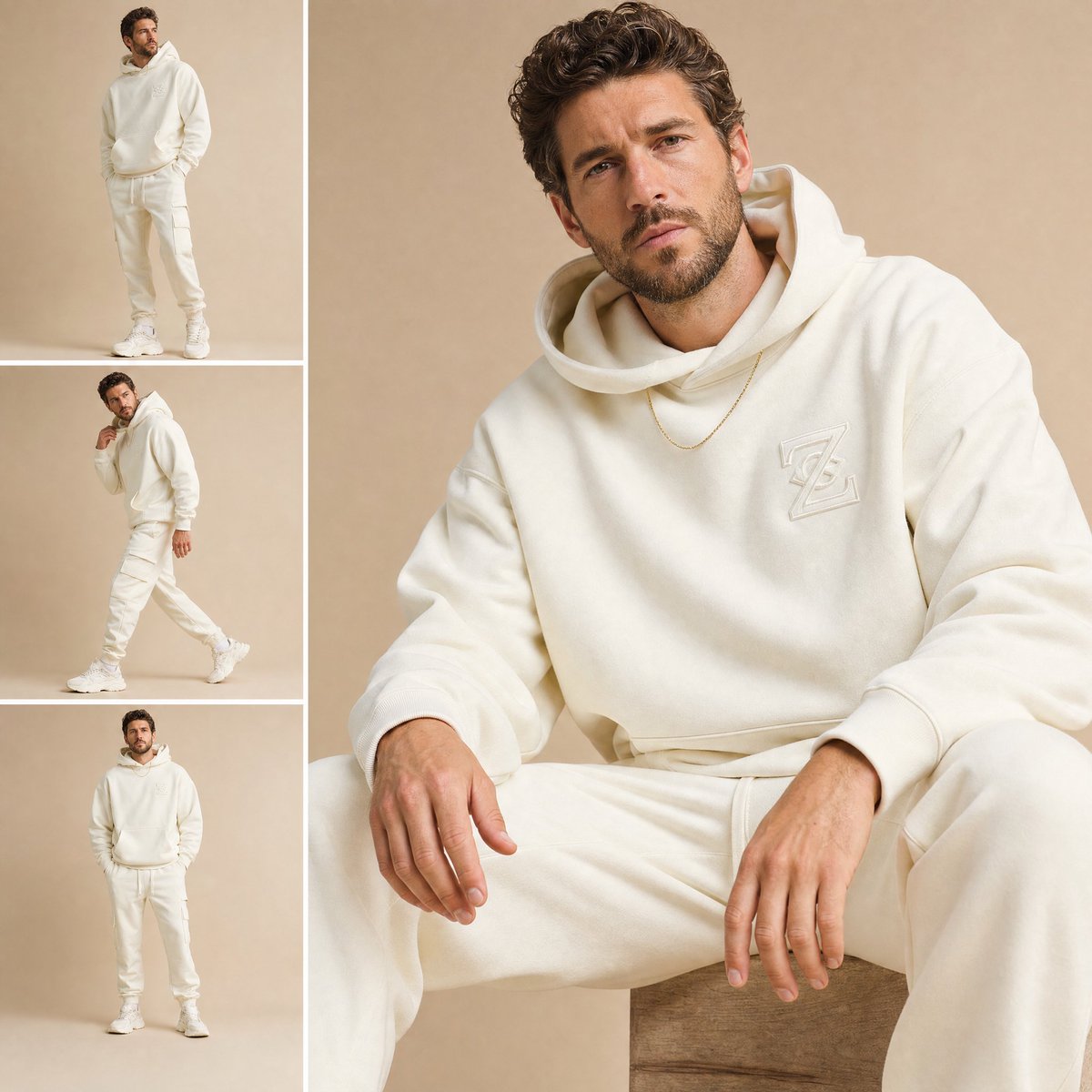 A Professional Fashion Lookbook Multi-panel Collage Grid Showcasing a Stylish Hollywood Man with a Well-groomed