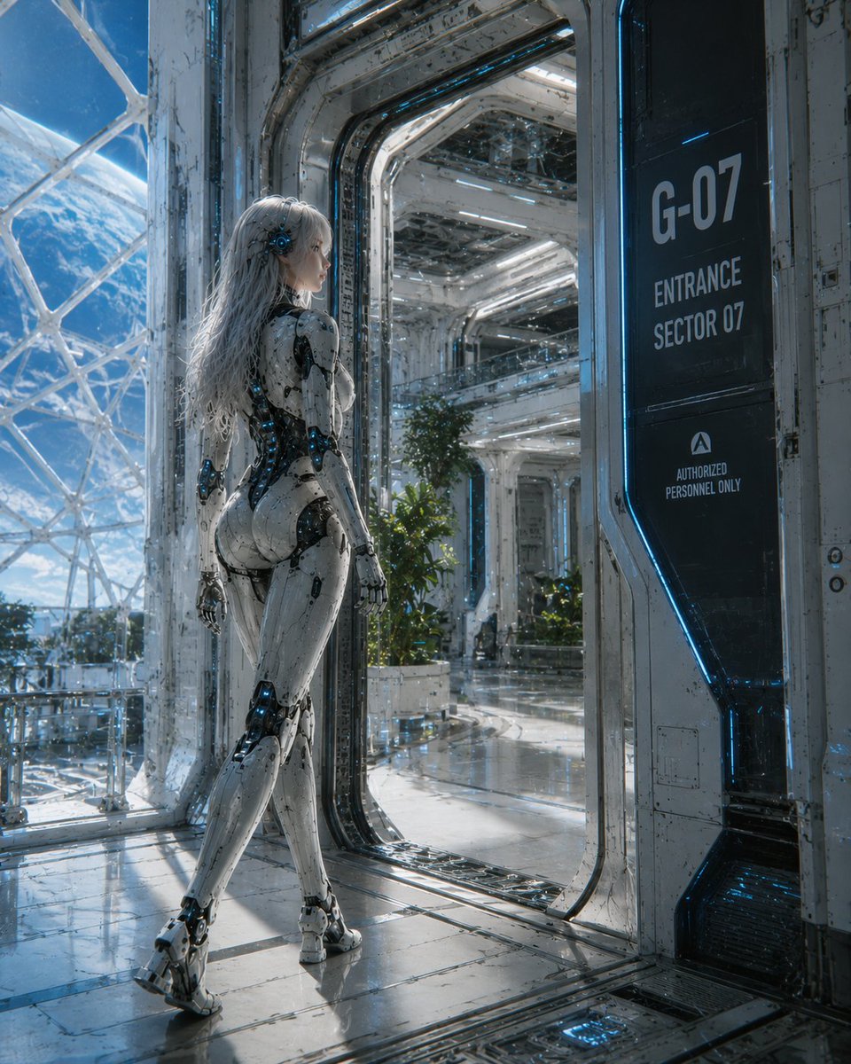 Ultra-detailed Sci-fi Scene of a Female Android Standing in a Bright Futuristic Spaceship Entrance Corridor