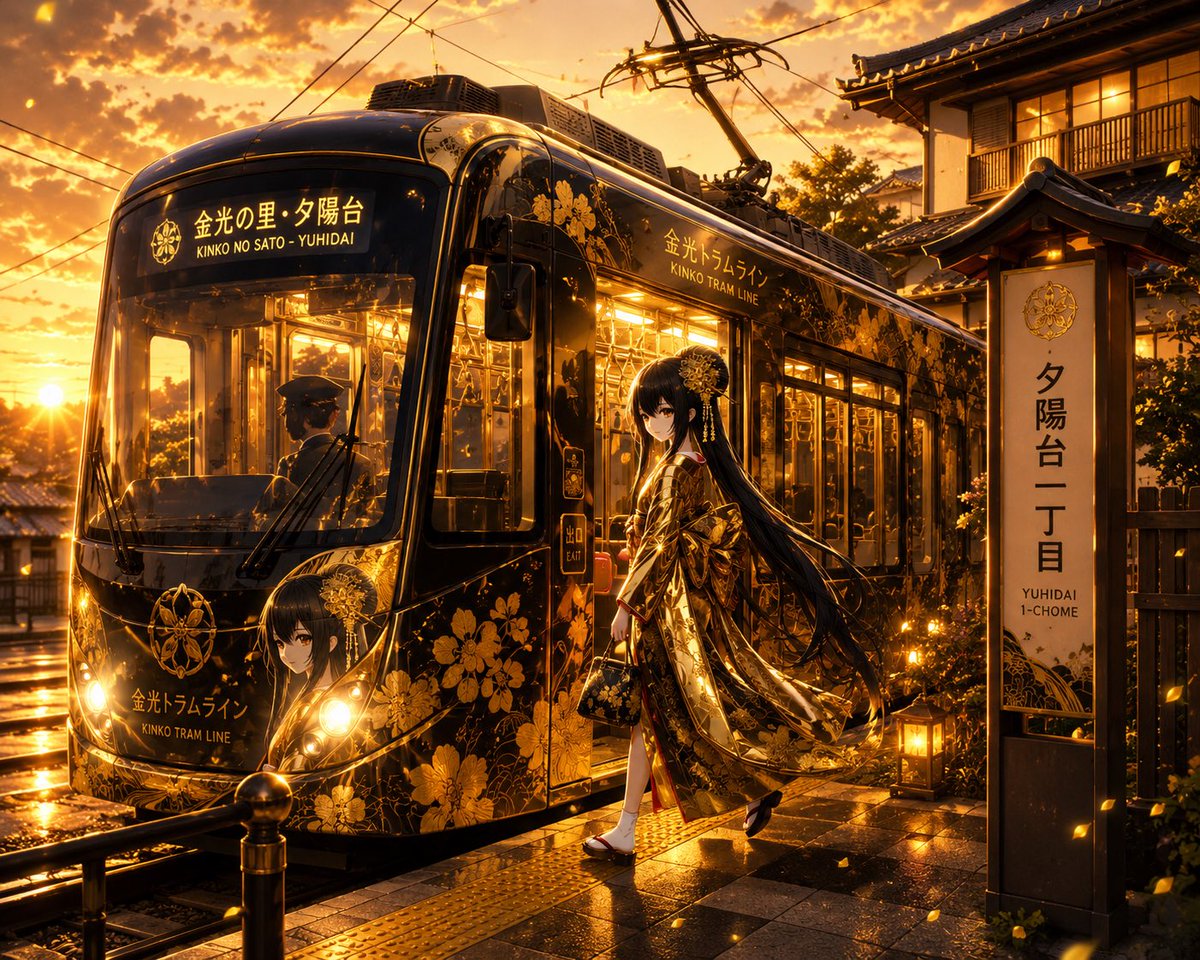 Anime-style Vertical Tram Stop Scene At Golden-hour Sunset After Rain