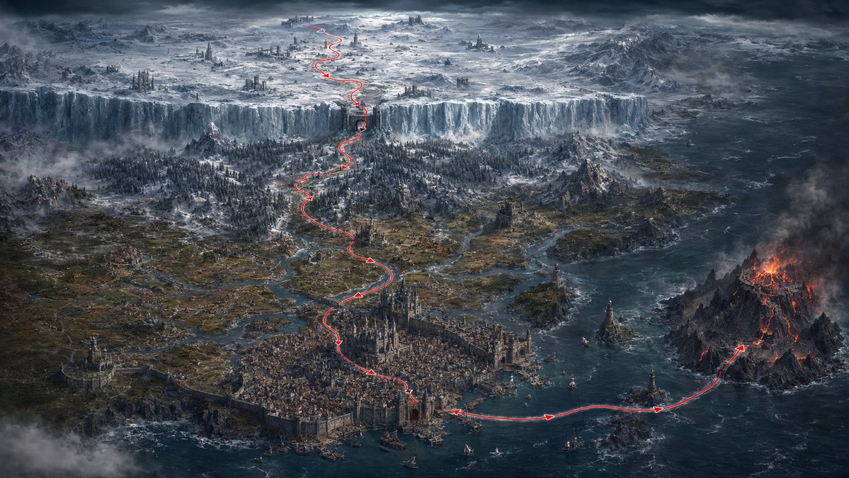 Goal Create an Epic Dark-fantasy World Map Illustration for a Perilous Quest Route