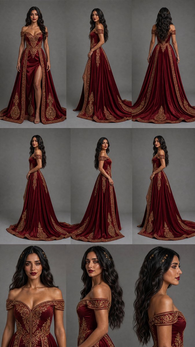 Goal Create a Fashion Design Reference Sheet for an Ornate Burgundy Velvet Off-the-shoulder Fantasy Evening