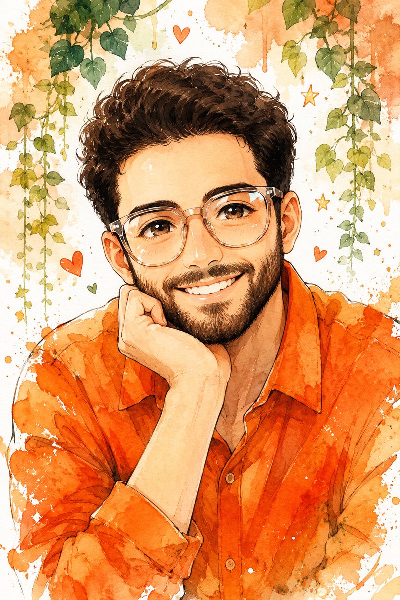 Cute Watercolor Anime-style Portrait Illustration of a Handsome Young Man with Soft Wavy Dark Hair