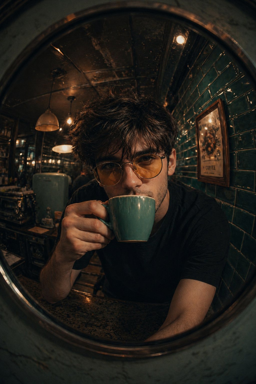 A Fish-eye Lens Close-up of Your Photo as Reference Sipping from a Teal/turquoise Coffee Mug