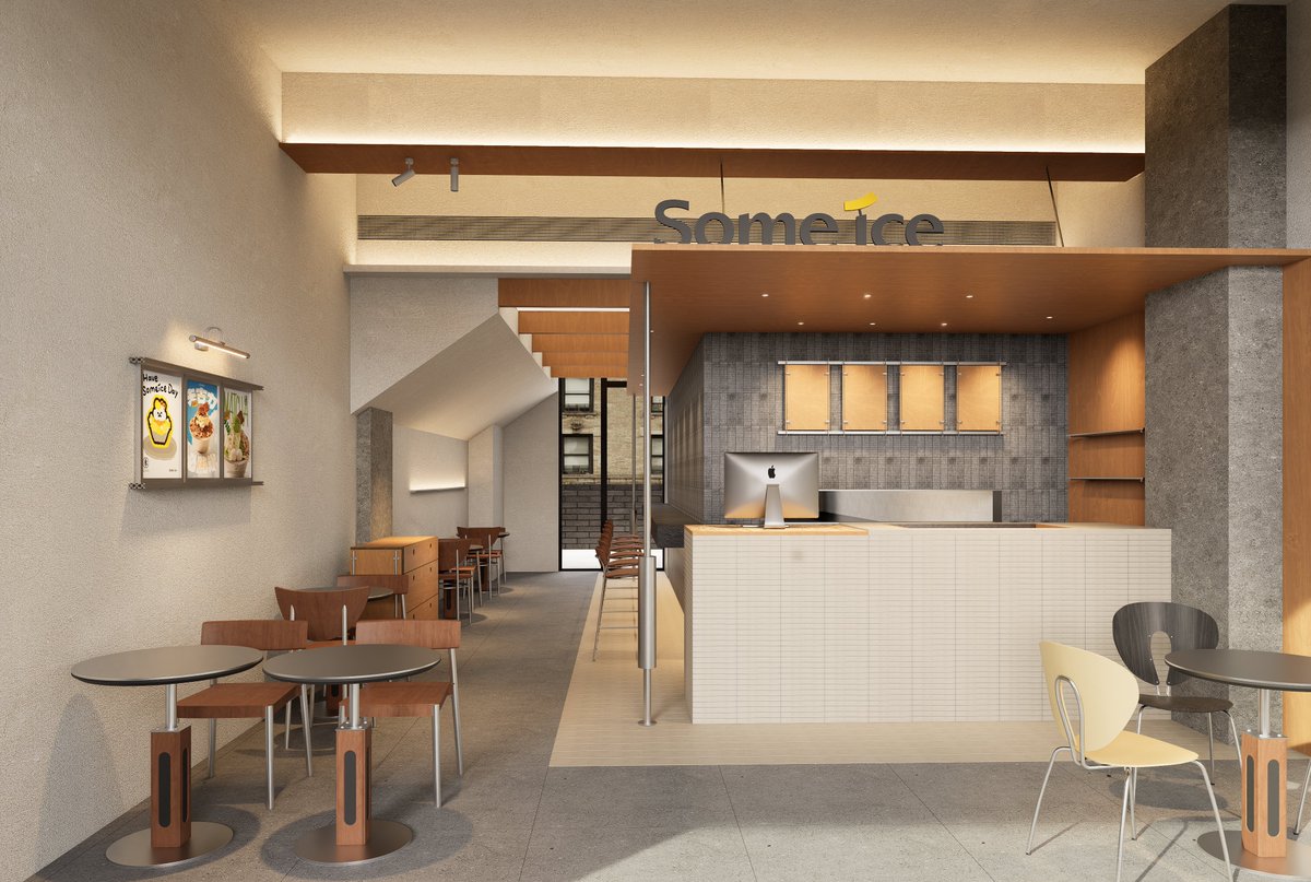 Architectural Interior Rendering of a Modern Dessert Cafe Named Some Ice