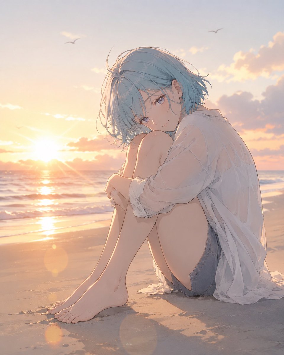 Soft Cinematic Anime Illustration of a Delicate Young Woman with Short Tousled Pale Blue Hair