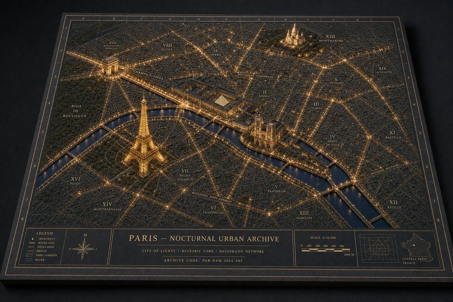 Goal Create a Premium 3d Architectural Diorama Map of Paris At Night