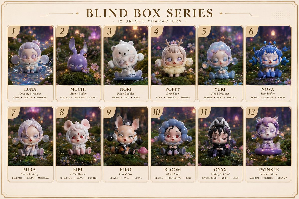 Goal Create an Ultra-detailed Fantasy Blind-box Collectible Character Lineup Poster for a Whimsical Enchanted Moss