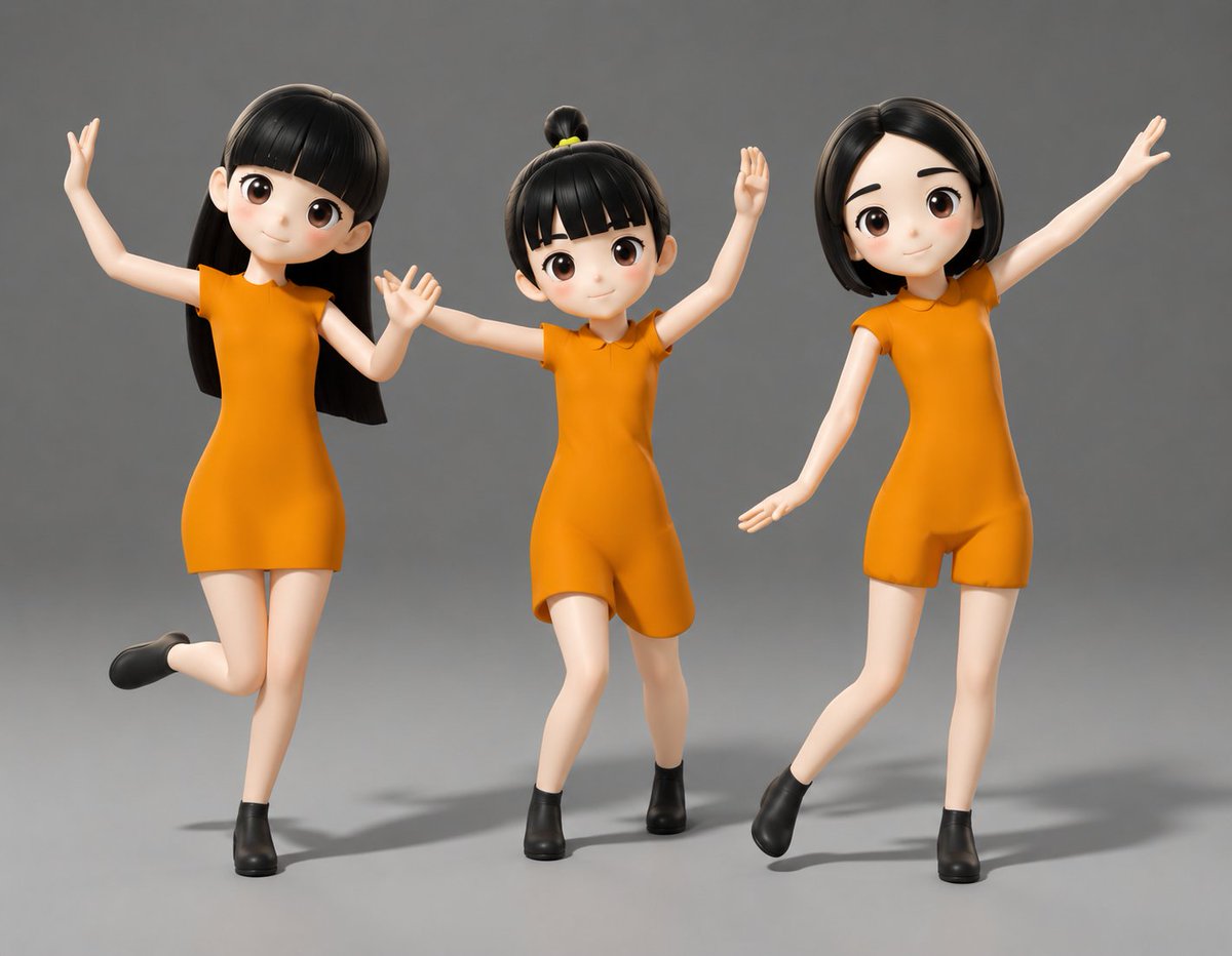 세 명 귀여운 여자 3D 스튜디오 렌더