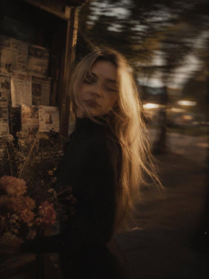 Cinematic Street Portrait of a Young Woman with Long Flowing Blonde Hair