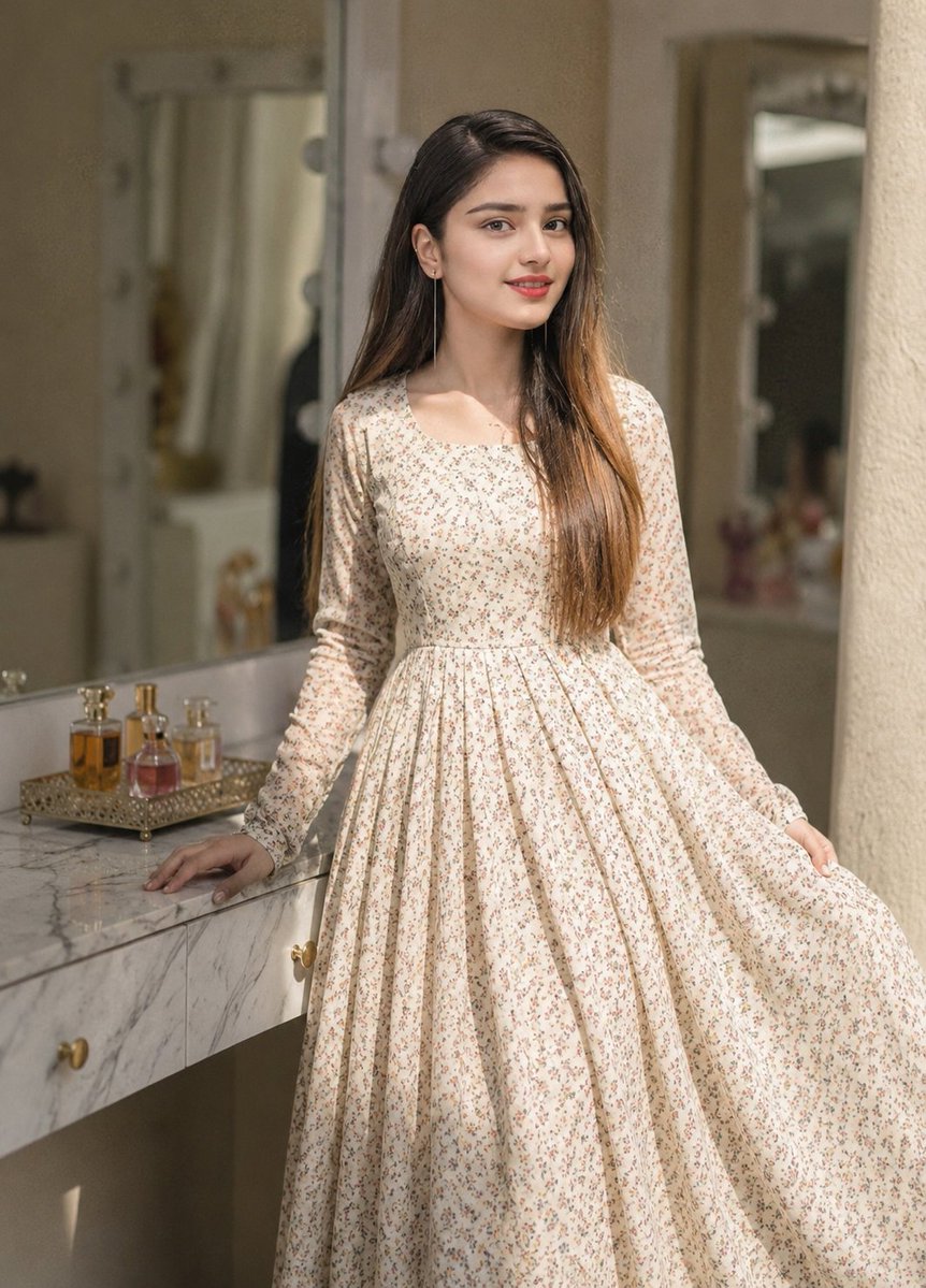 Fashion Editorial Portrait of a Young Woman Standing in a Softly Lit Dressing Room