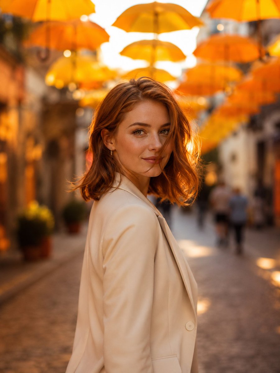 Portrait of a Young Woman Standing in a Charming European Street Covered with Suspended Yellow