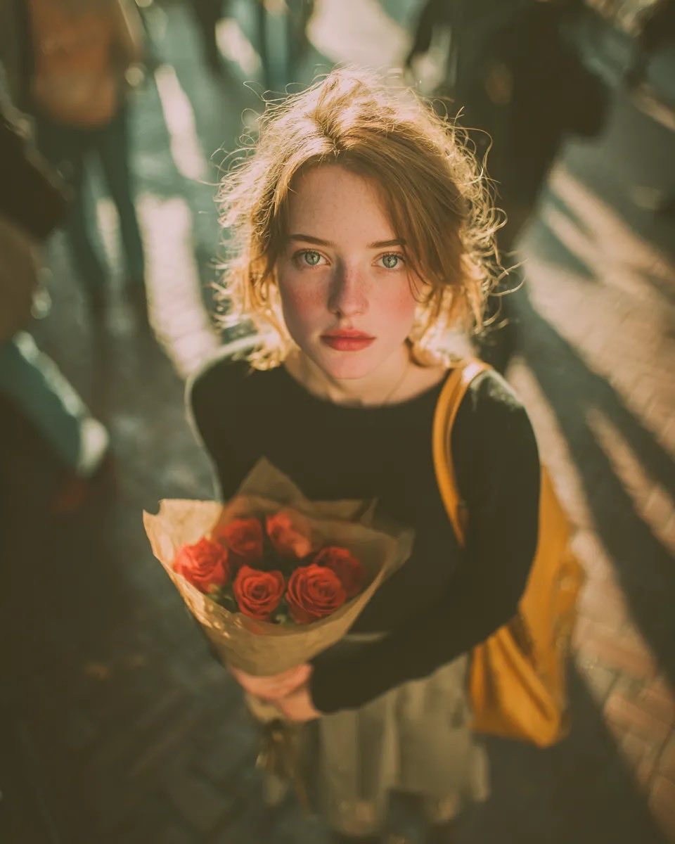 Overhead Cinematic Shot Looking Straight Down At a Young Woman with Wavy Brown Hair