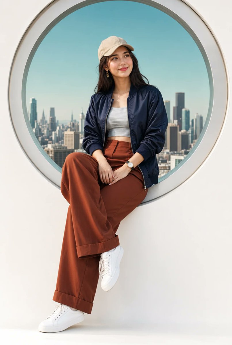 A Stylish Young Woman Sitting Casually on a White Ledge