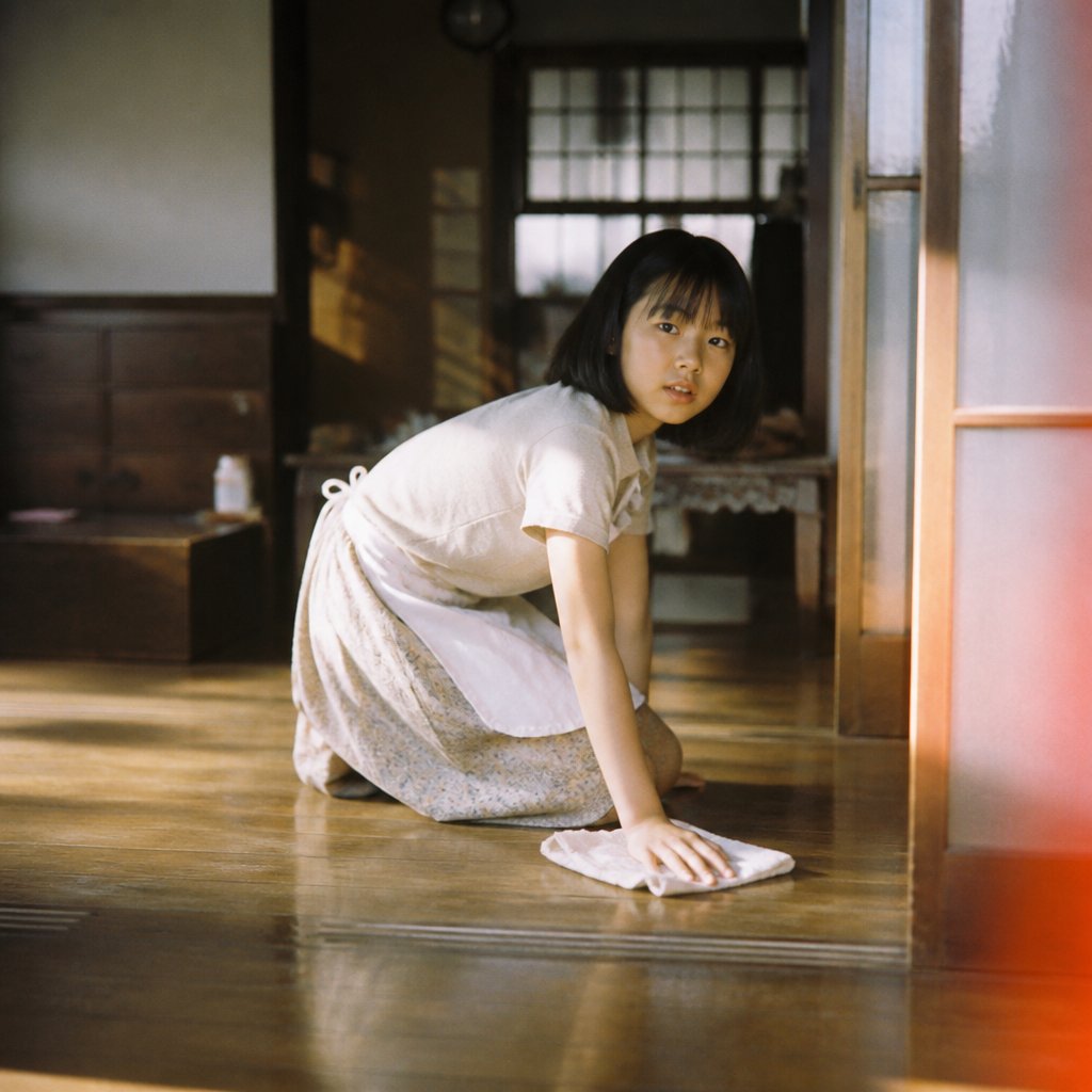 Nostalgic Film-photography Style Image of One Young Woman with a Short Black Bob Haircut Kneeling