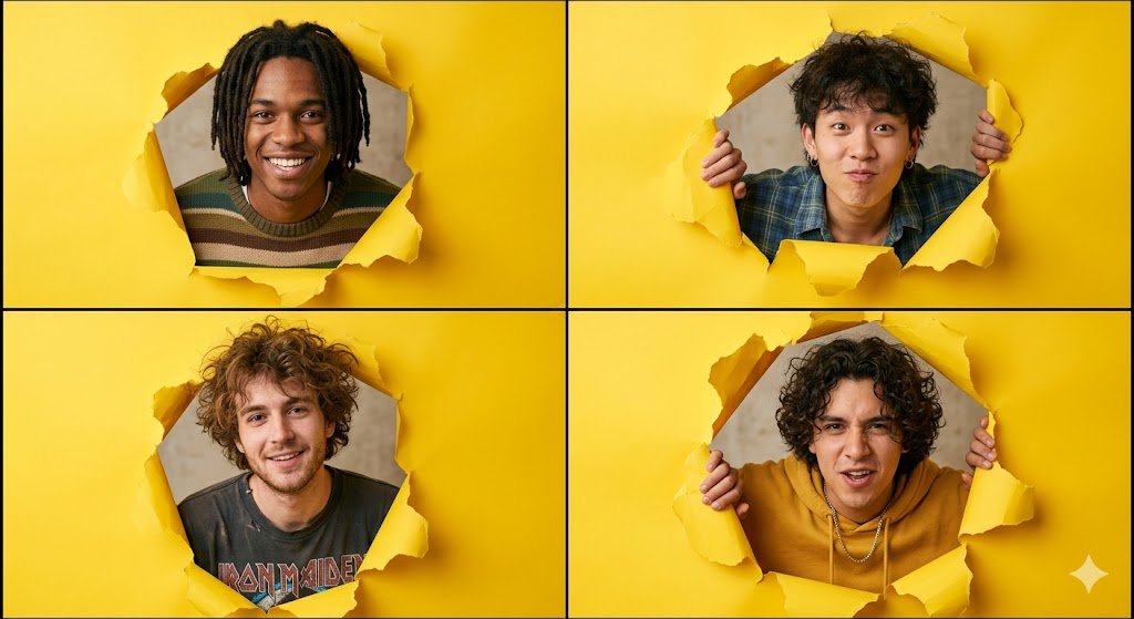 Ultra-detailed 2x2 Portrait Grid Featuring Four Different Young Men