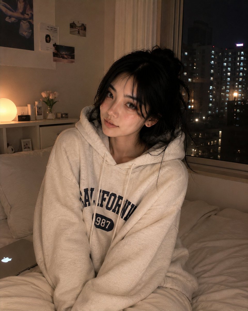 아늑한 심야 침실 속 한국 여성 화보