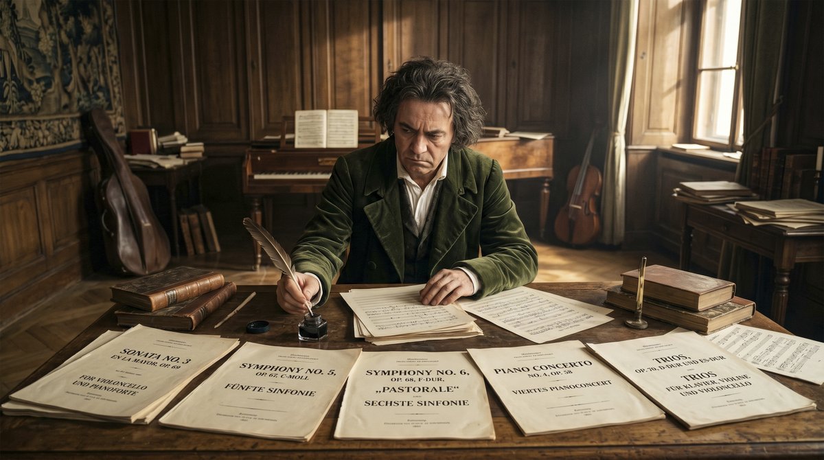 Photorealistic Historical Scene of Ludwig Van Beethoven Seated At a Large Worn Wooden Writing Desk