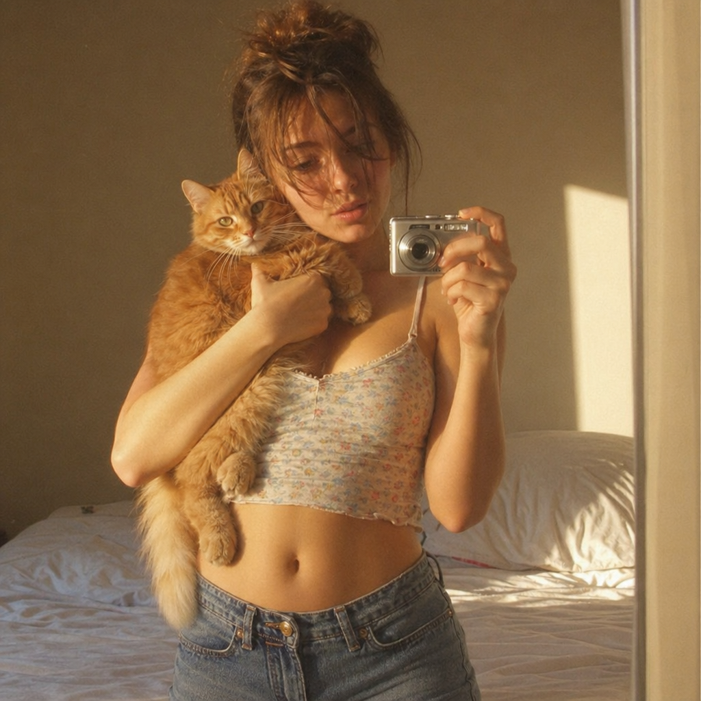 A Hyper-realistic Photograph of a Woman Taking a Mirror Selfie in Her Bedroom Using