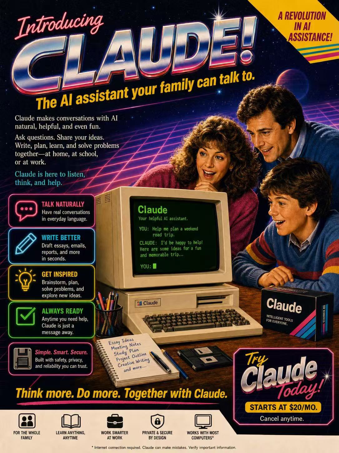 A Fictional 1980s Magazine Advertisement Poster Introducing “claude” as a Revolutionary Home Ai Assistant
