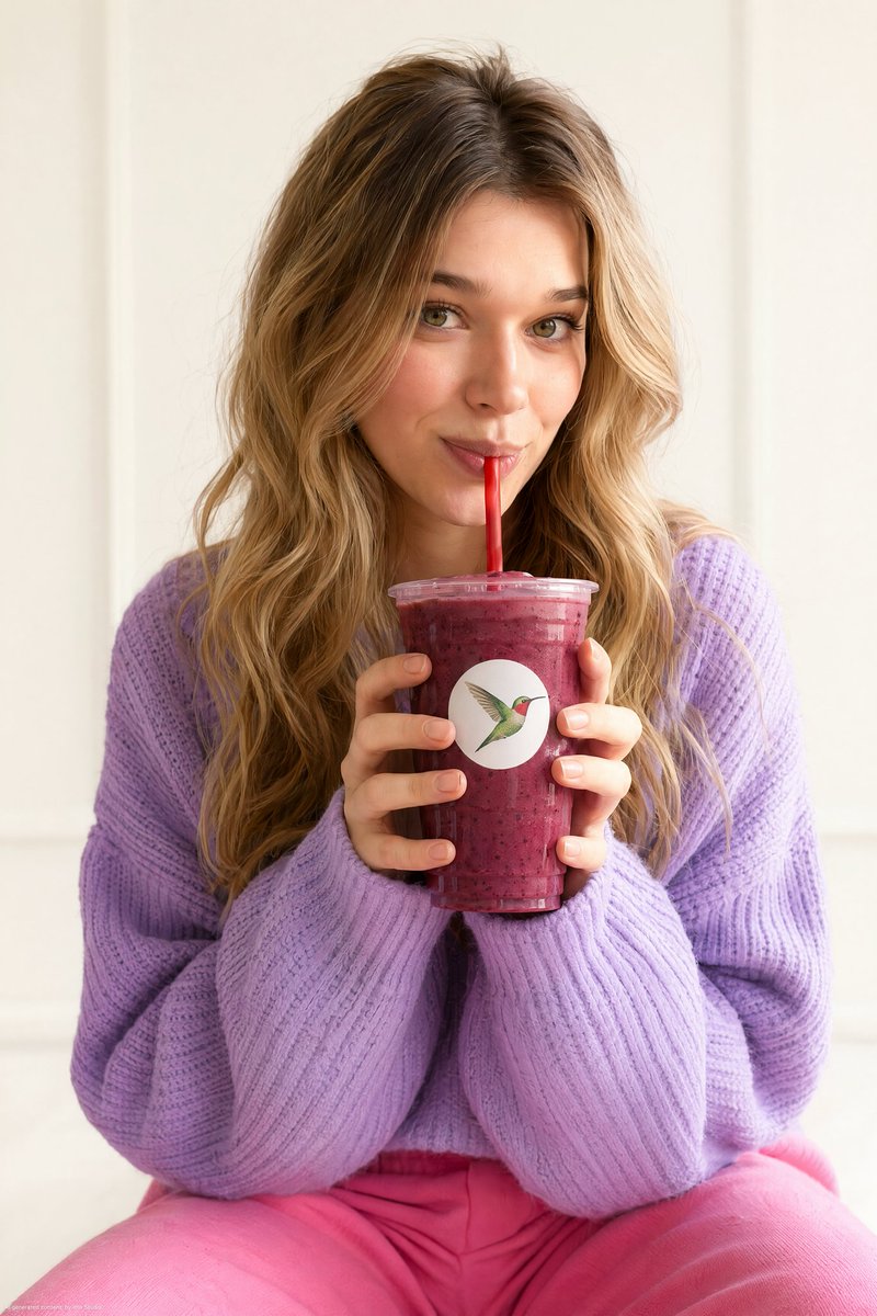 A Young Woman with Long Wavy Blonde Hair and Green Eyes Sipping a Berry Smoothie