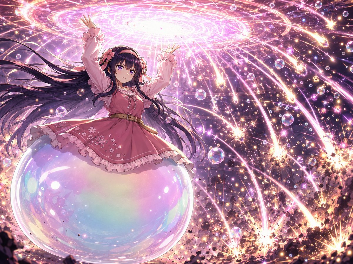 Anime Fantasy Illustration of a Young Magical Girl Riding on One Enormous Iridescent Soap Bubble