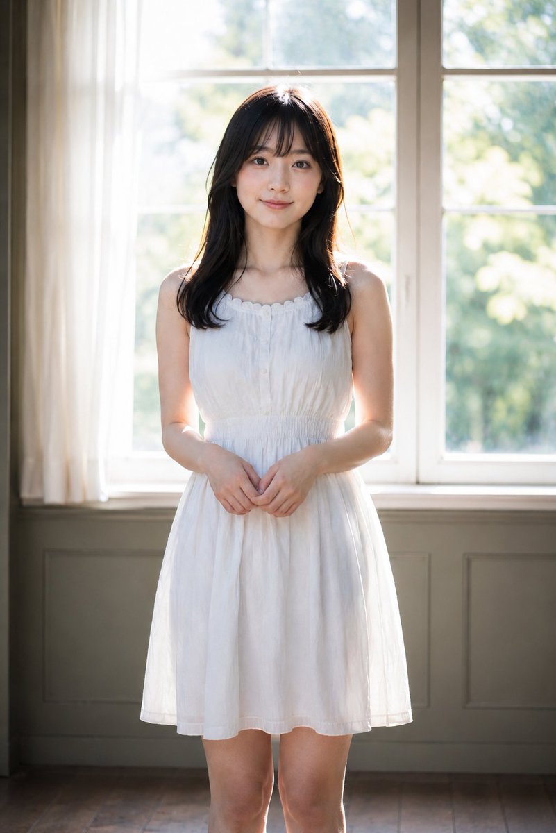 Vertical Portrait Photograph of a Young Woman Standing Indoors in Front of a Large Sunlit