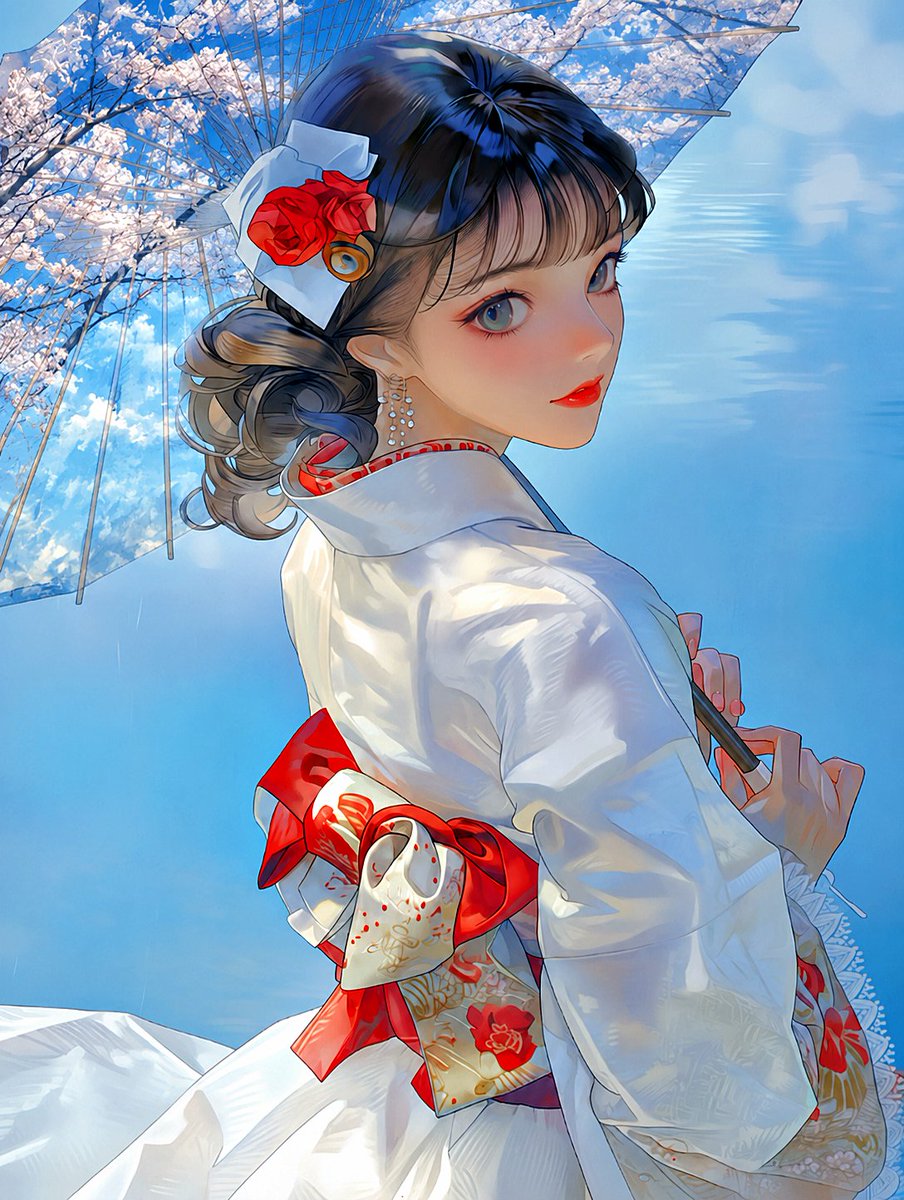 Polished Anime-style Double-exposure Illustration of a Young Woman in a White Japanese Kimono
