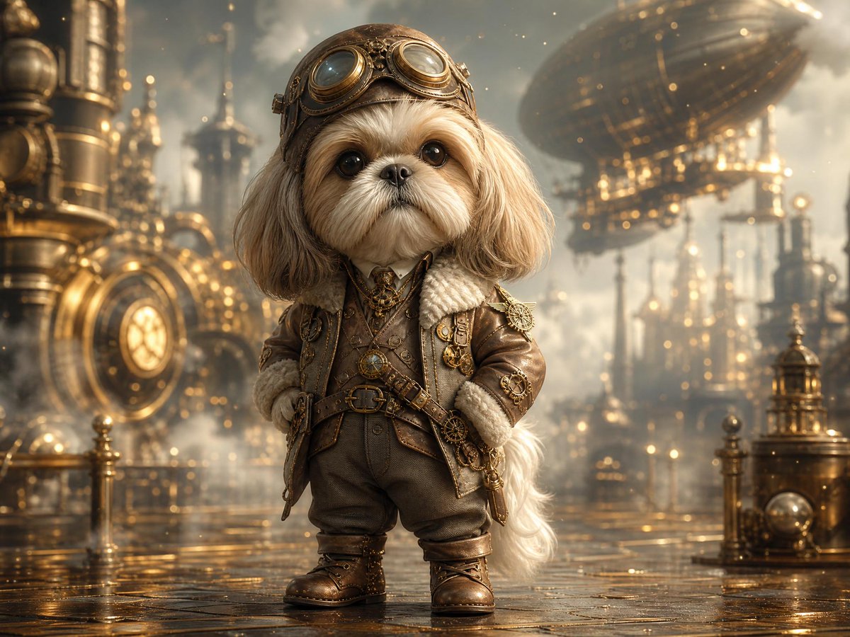 Cinematic Steampunk Fantasy Portrait of a Cute Small Shih Tzu Standing Full Body