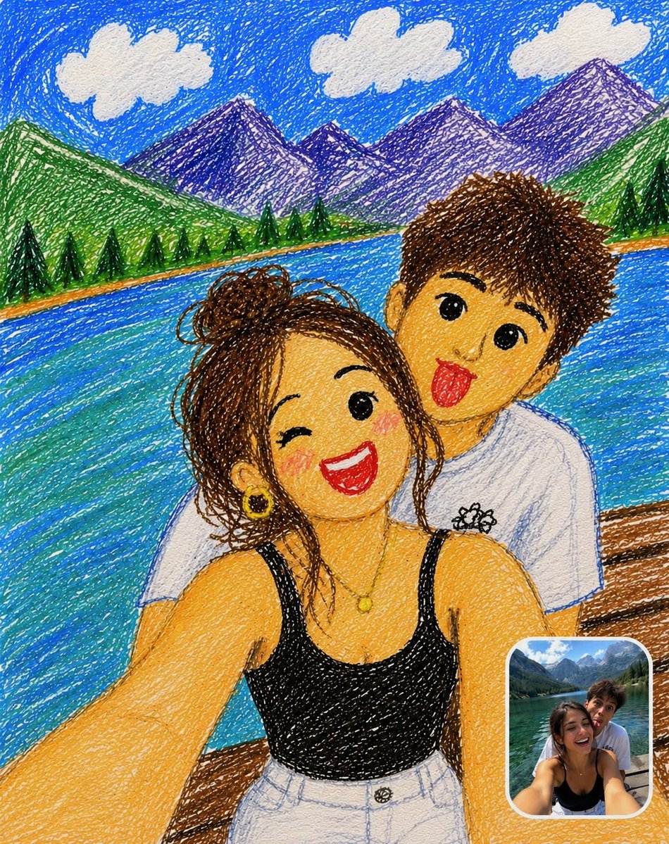 Uploaded Photo into a Cute Childlike Crayon Drawing While Keeping the Original Pose