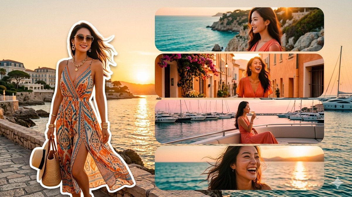 Goal Create a Glamorous Mediterranean Travel Fashion Collage Featuring a Stylish Young Woman