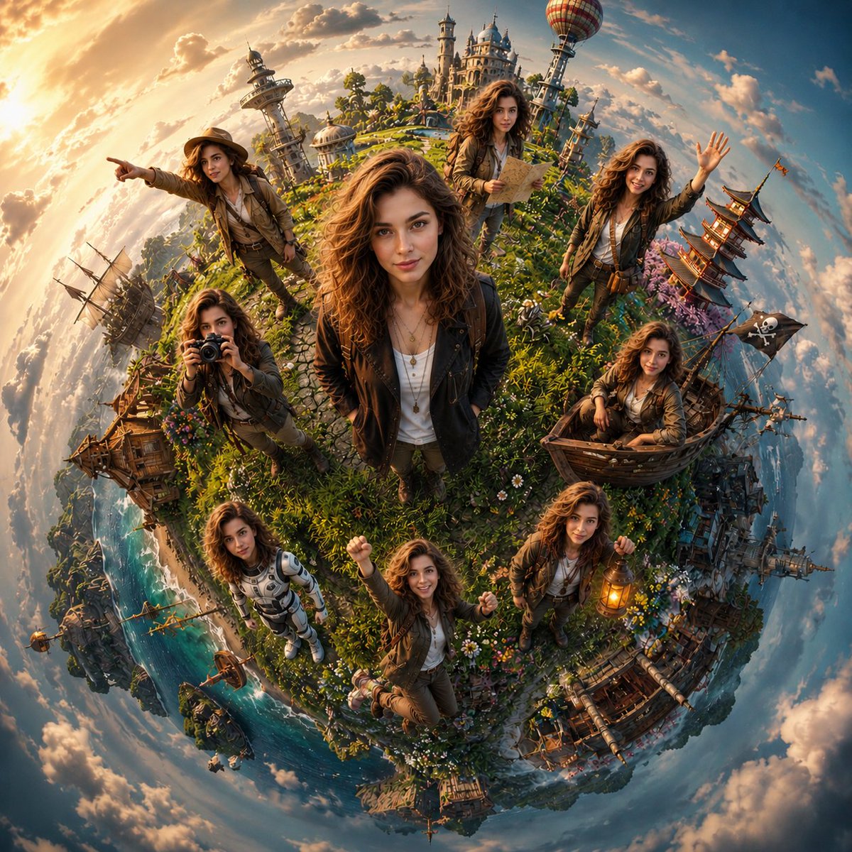 A Highly Detailed Cinematic Tiny-planet Fantasy World Featuring a Realistic Young Female Traveler Standing Confidently