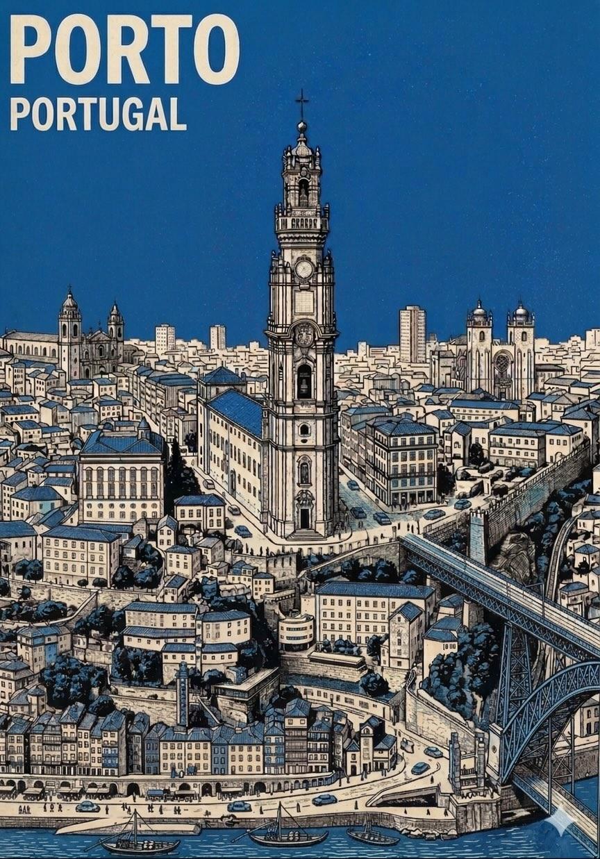 Vertical Mid-century Travel Poster for City Name Featuring Landmark