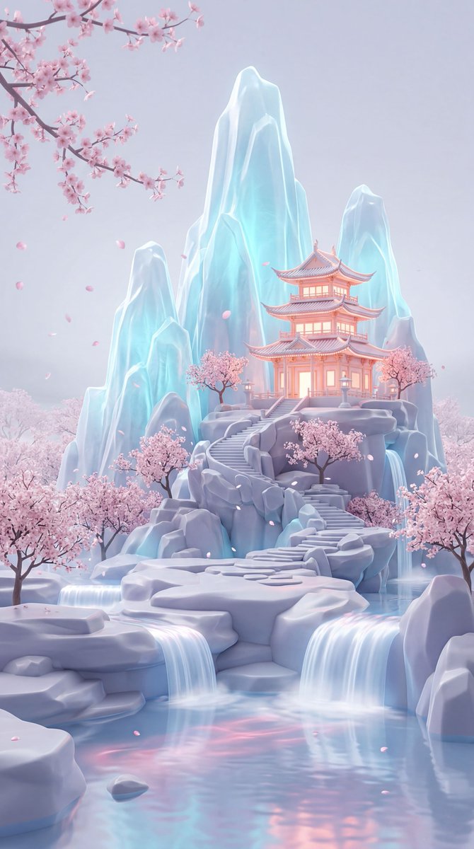 A Dreamy Pastel Fantasy Landscape in a Vertical Composition