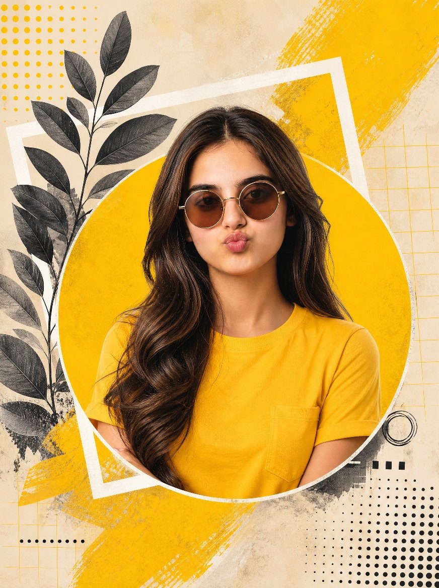 Modern Mixed-media Editorial Poster Portrait of a Young South Asian Woman from the Waist Up