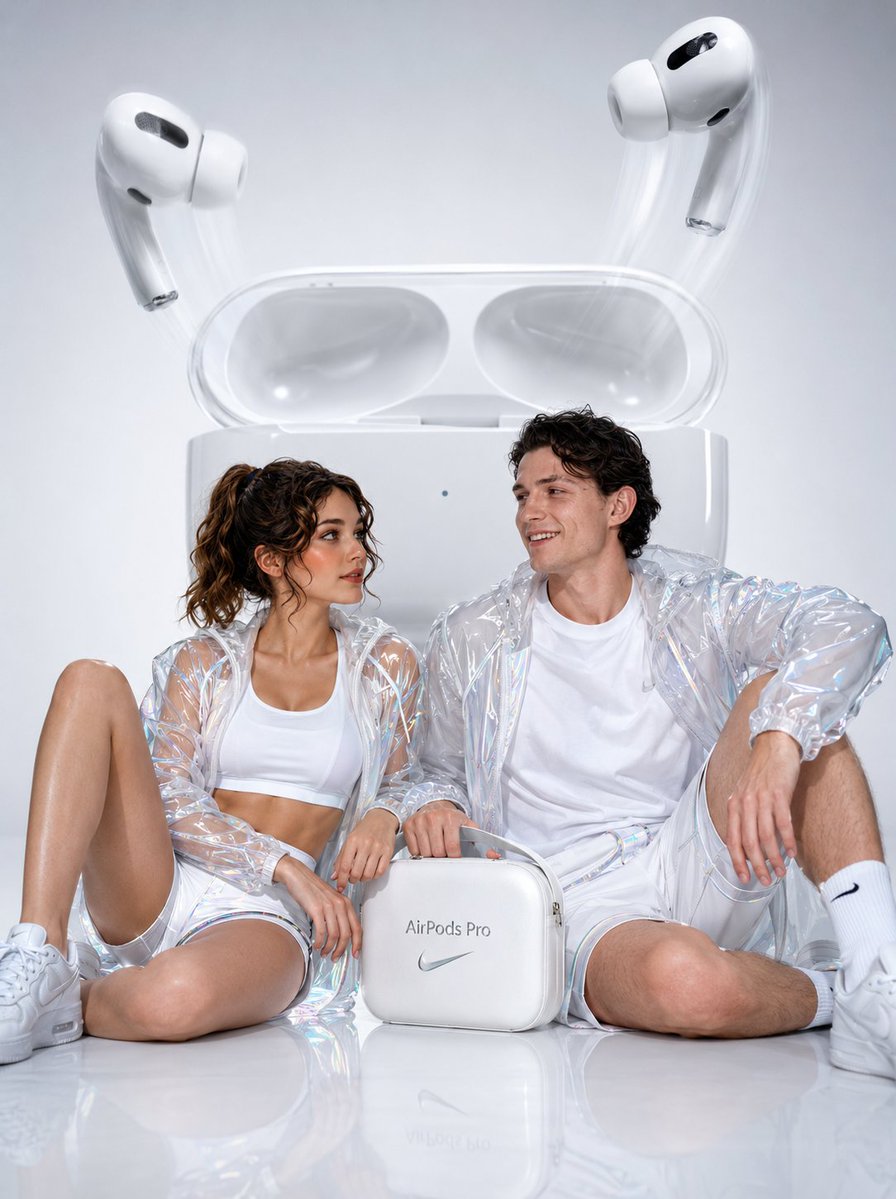 Hyperrealistic Commercial Photography of a Young Stylish Couple Seated Casually Atop a Gleaming White Surface