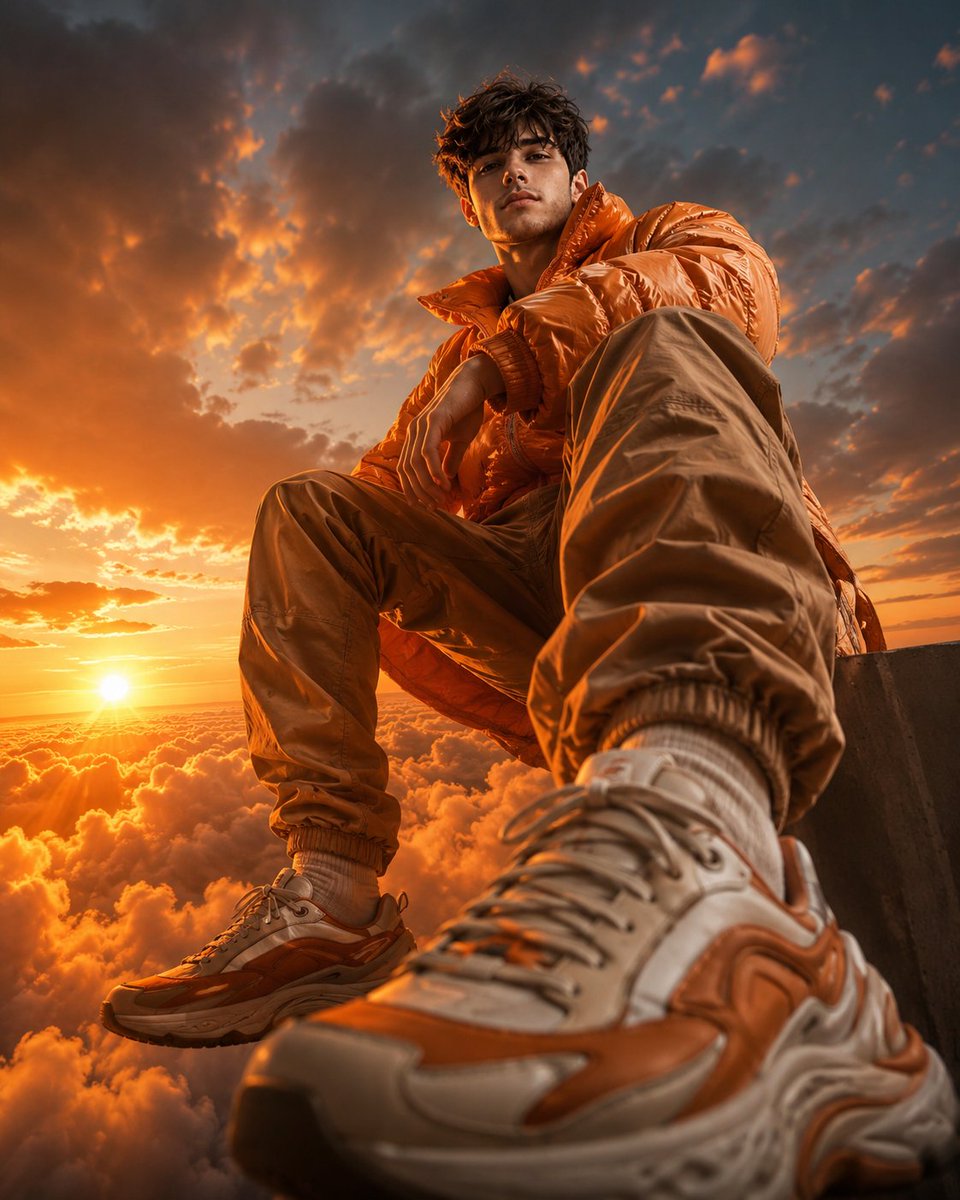 Streetwear Model Seated Above Glowing Orange Clouds