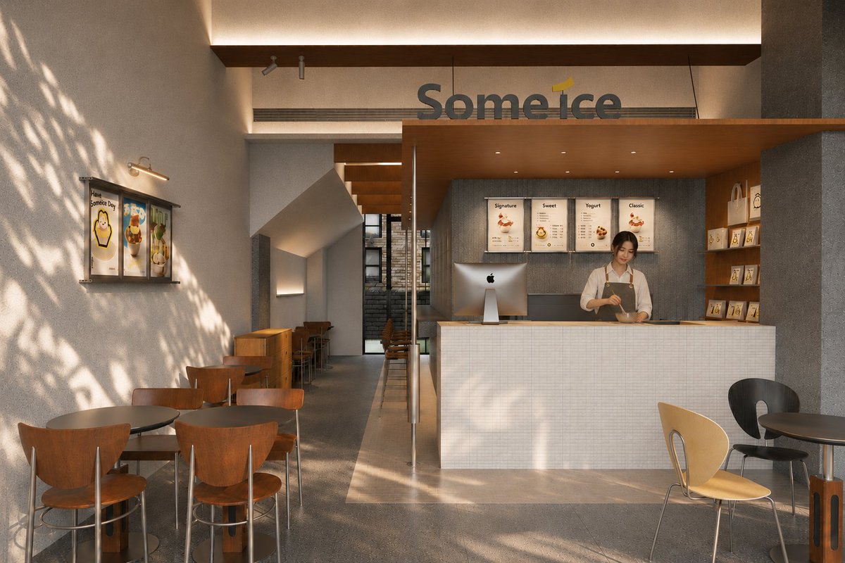 Architectural Interior Rendering of a Modern Minimalist Ice Cream Shop Named Some Ice