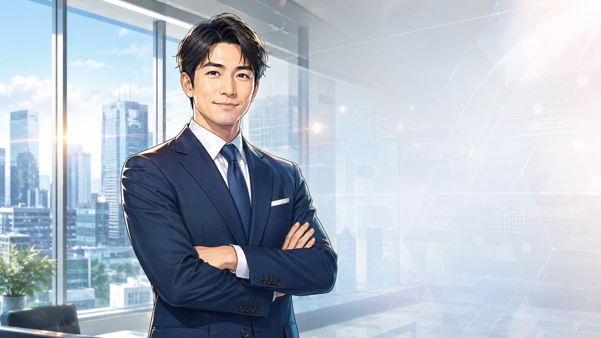Polished Semi-realistic Anime-style Corporate Portrait of a Confident Young Businessman Standing in a Modern High-rise