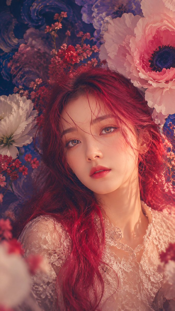 Vertical Dreamy Fine-art Portrait of a Young Woman Surrounded By Oversized Flowers