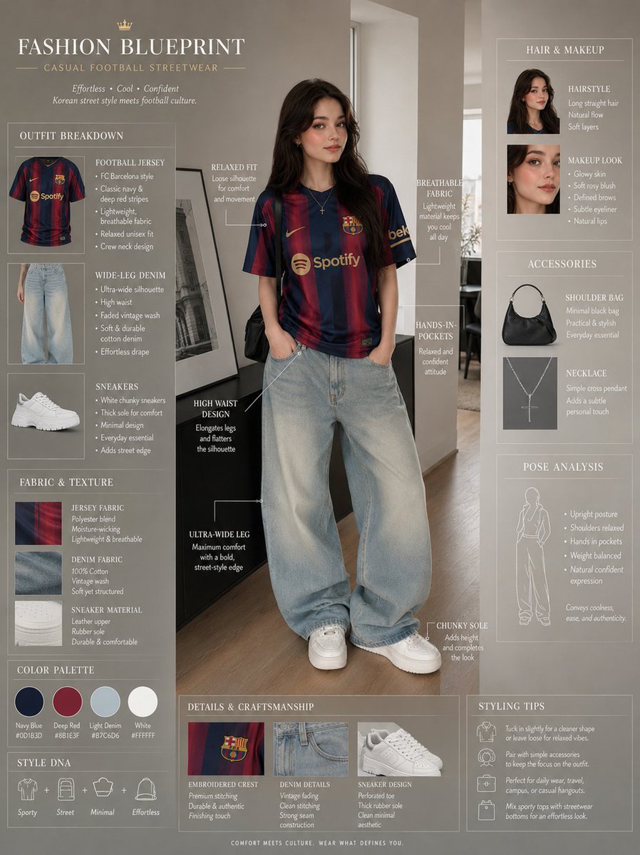 Fashion Blueprint Sheet of a Stylish Young Woman in Casual Football-inspired Streetwear